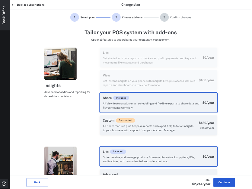 Back Office subscription add-ons selection