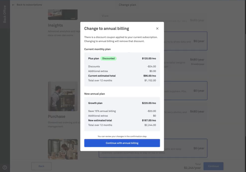 Back Office monthly and annual plan comparison