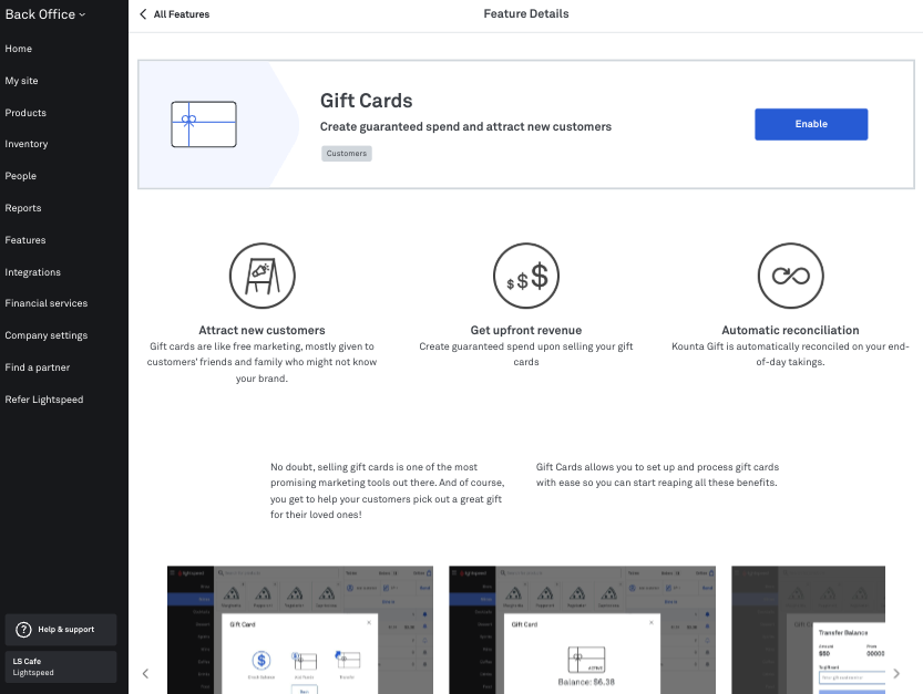 Back Office Enable Gift Cards feature button