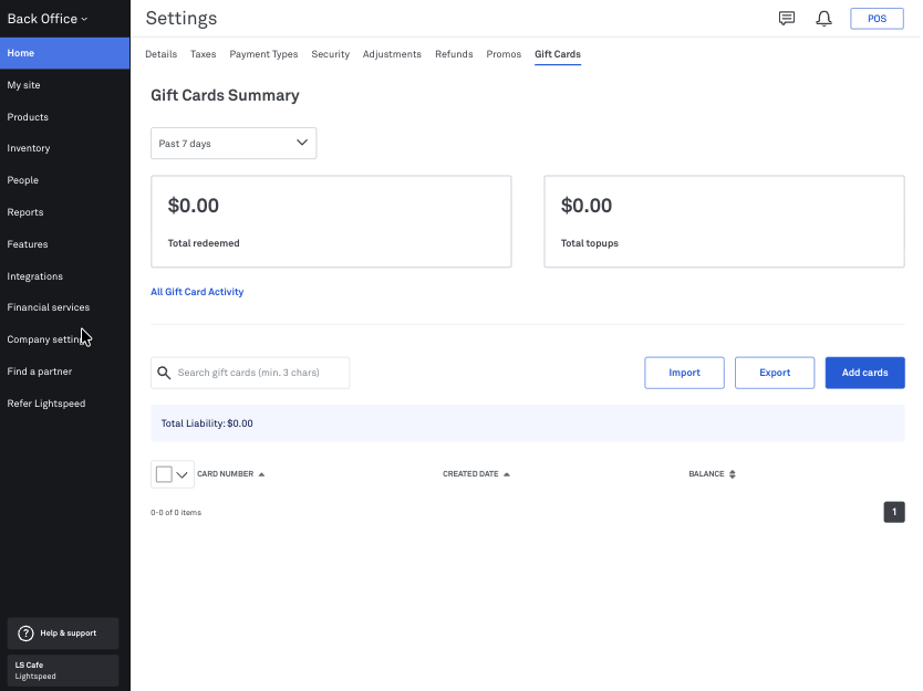 The Gift Cards section in Back Office Company Settings