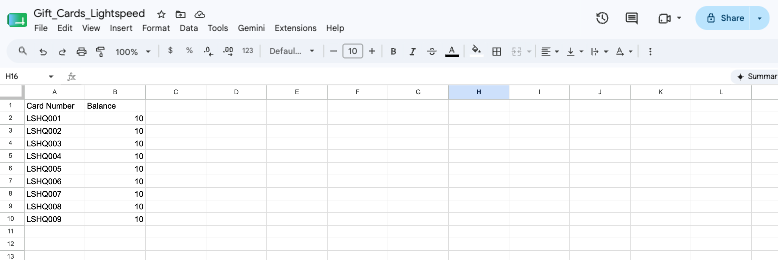 The CSV import file for gift cards