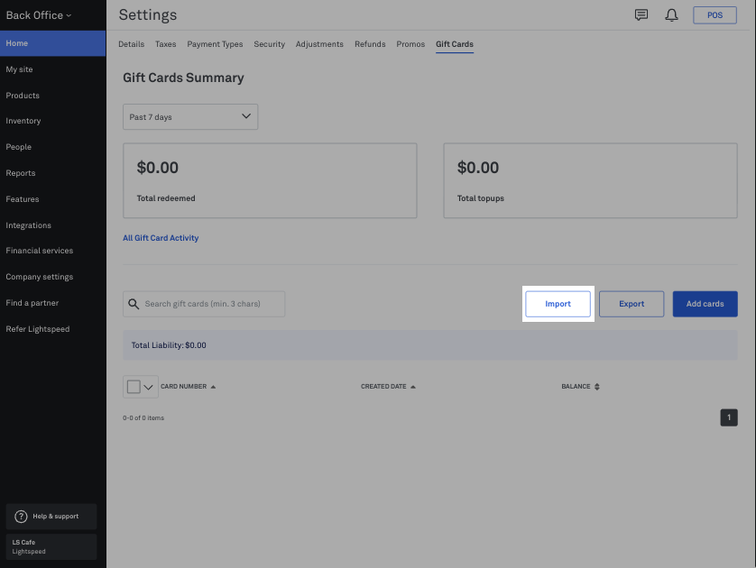 The Import button for Gift Cards in Back Office