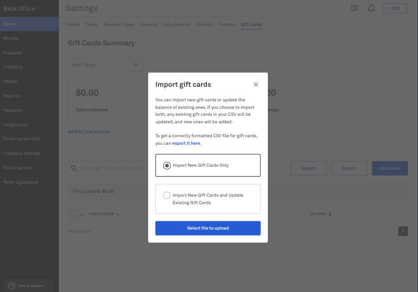 The upload file button to import the gift card import file in Back Office