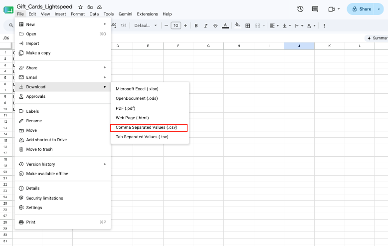The Download as CSV option in spreadsheet for importing gift cards