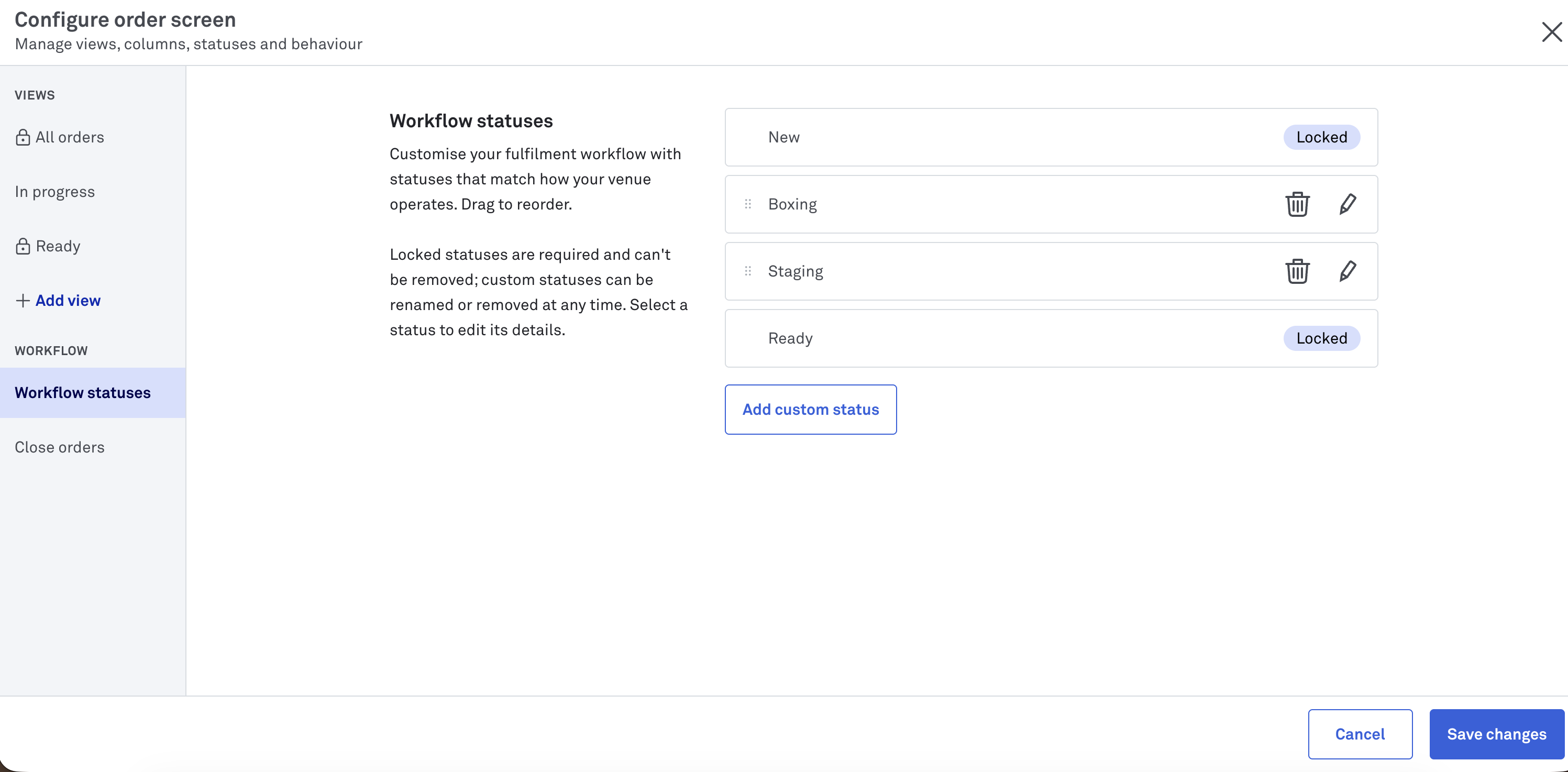 POS OMS Workflow statuses screen