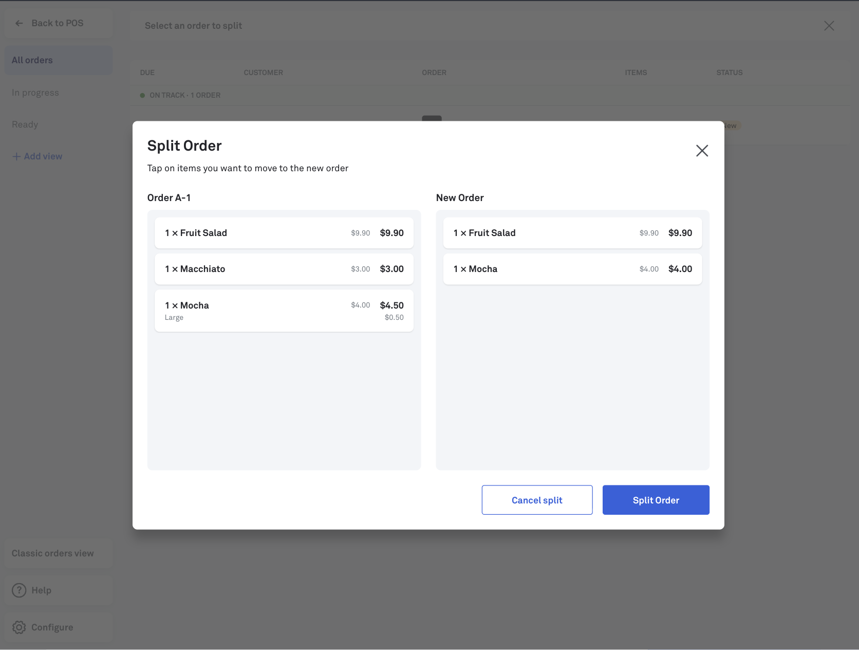 POS OMS splitting order screen