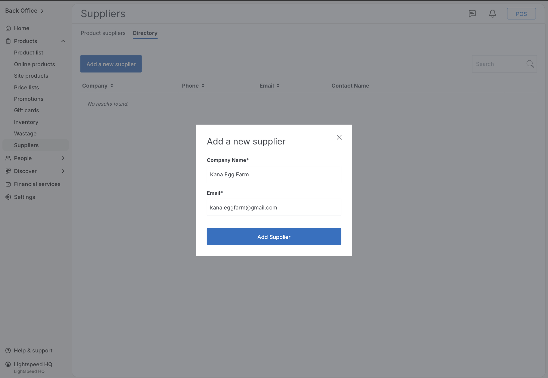 Saving new supplier in Back Office