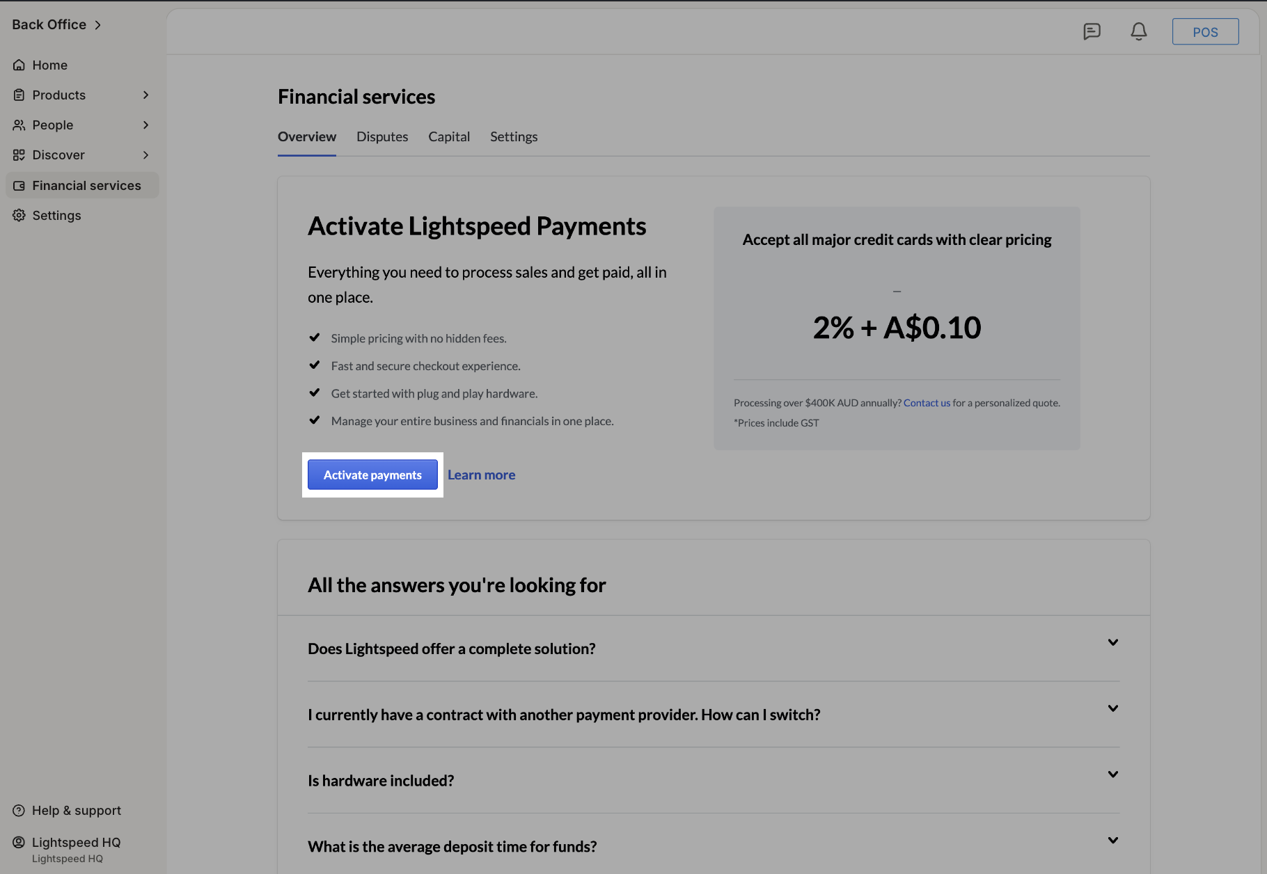Activate Lightspeed Payments feature in Back Office